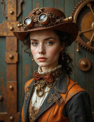 The primary subject of the image is a woman wearing a hat, glasses, and a bow tie. She is standing in front of a door, which serves as the setting for the scene. The visual style of the image is a combination of photo and digital art, creating a unique and intriguing atmosphere. The woman's outfit, which includes a brown jacket, adds a touch of warmth and sophistication to the scene. The overall mood of the image is one of elegance and charm.